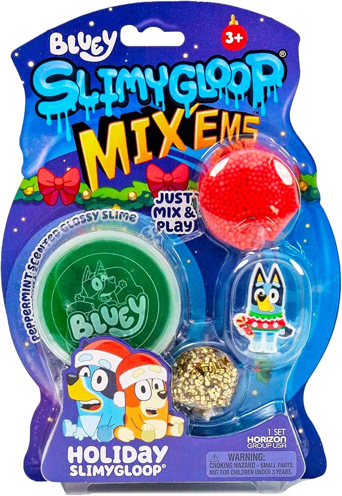 Bluey Holiday SLIMYGLOOP Mix’EMS, Peppermint-Scented Glossy Slime, 3 Fun Slime Add Ins, Bingsu Beads, Mini Foam Balls, Collectible Rubber Charm, Fun Stocking Stuffers, Gifts for Kids, Sensory Toys