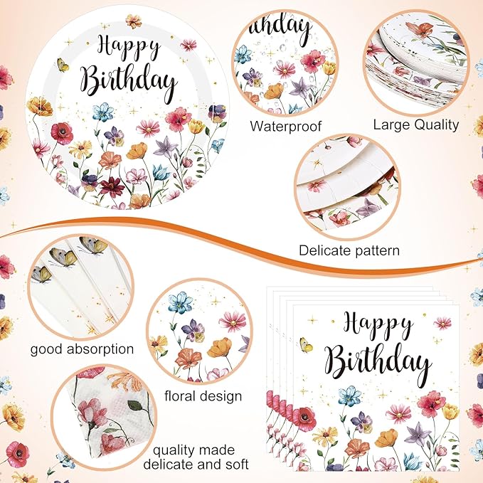 Pickmesh 194 Pcs Wildflower Birthday Party Decorations Spring Floral Tableware Set for 24 Guests Wildflower Birthday Paper Plates and Napkins Cups Tablecloth Cutlery for Women Flower Party Supplies