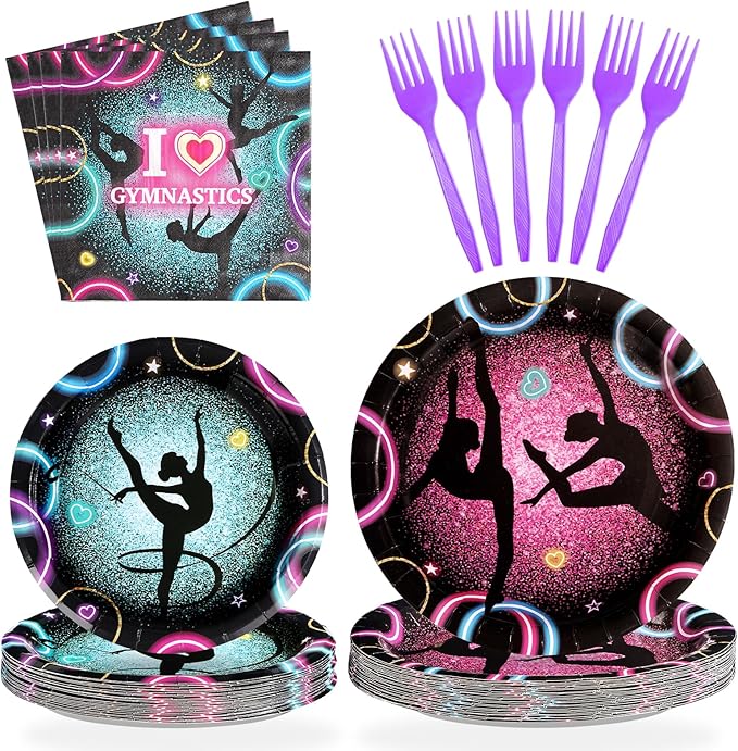 96Pcs Gymnastics Birthday Party Supplies Gymnastics Party Plates Disposable Paper Gymnastic Tableware Set for Girls Birthday Baby Shower Decorations, Serves 24