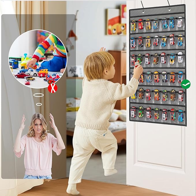 Toy Car Storage Organizer Hanging Toy Wheels Cars Holder Matchbox Cars Display Case with 42 Clear Pockets (One Side-Grey)