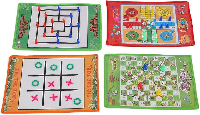 4 in 1 Kid Chess Set, Soft Foldable Non Woven Fabric Board Games for Kids, with Snake and Ladder Ludo Nine Men's Morris, for Indoor Outdoor Family Travel Activities
