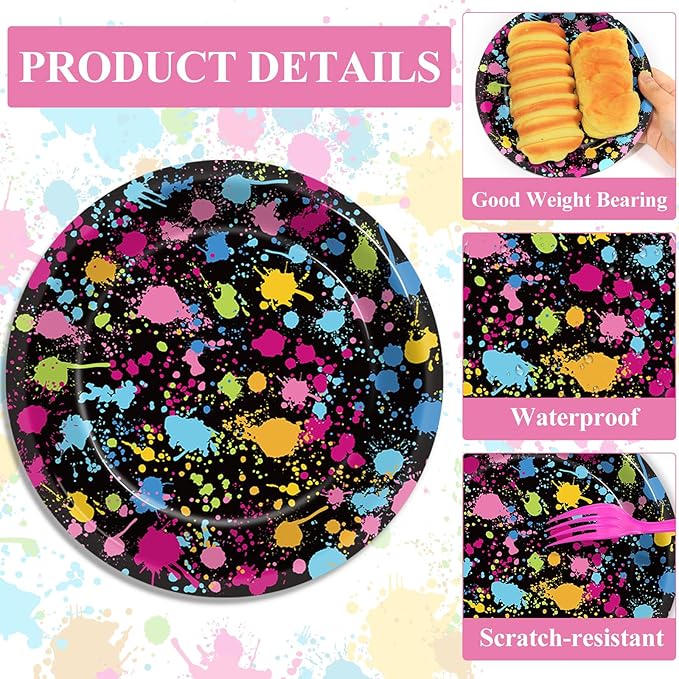 48Pcs Neon Glow in the Dark Paper Dessert Plates and Napkins Neon Party Decorations Paint Splatter Birthday Party Supplies Colorful Graffiti Disposable Tableware for Kids Baby Shower Serves 24