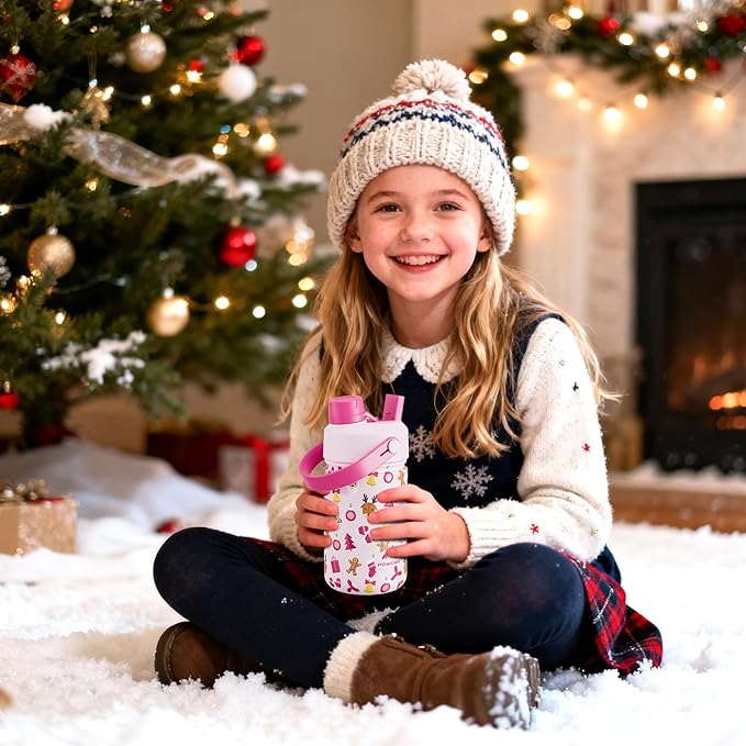 12 oz Kids Christmas Insulated Water Bottle: 2-in-1 Straw Spout Lid, Leakproof, BPA-Free, Keep Cold 24H, Stainless Steel Cup with Carrier Bag for Party, Travel, Holiday Gift (Santa's Jolly Wishes)