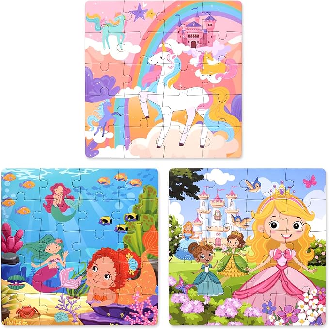 Magnetic Puzzles for Kids 3-5, 3-in-1 Princess Unicorn Mermaid Travel Puzzles for Kids Ages 4-6, Car Airplane Road Trip Activities Toys, Easter Day Gifts for Girls