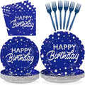 Grencian 96Pcs Blue and Silver Birthday Party Decorations Silver Polka Dots on Blue Paper Plates and Napkins Disposable Tableware for Women Men Birthday Party Graduation Decorations 2026 Serves 24