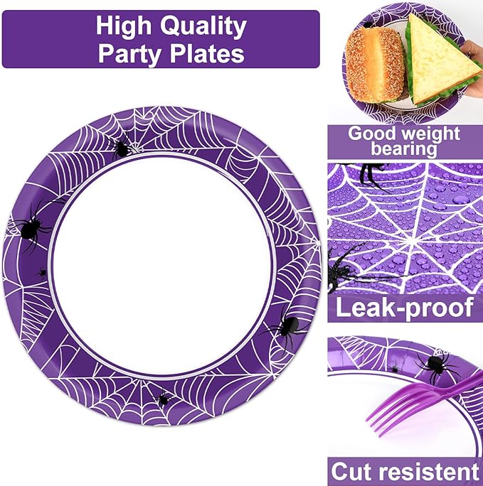 Qyeahkj 100 Pcs Halloween Birthday Party Supplies Paper Plates and Napkins Set Disposable Spider Web Tableware Decorations for Halloween Theme Baby Shower Serves 25