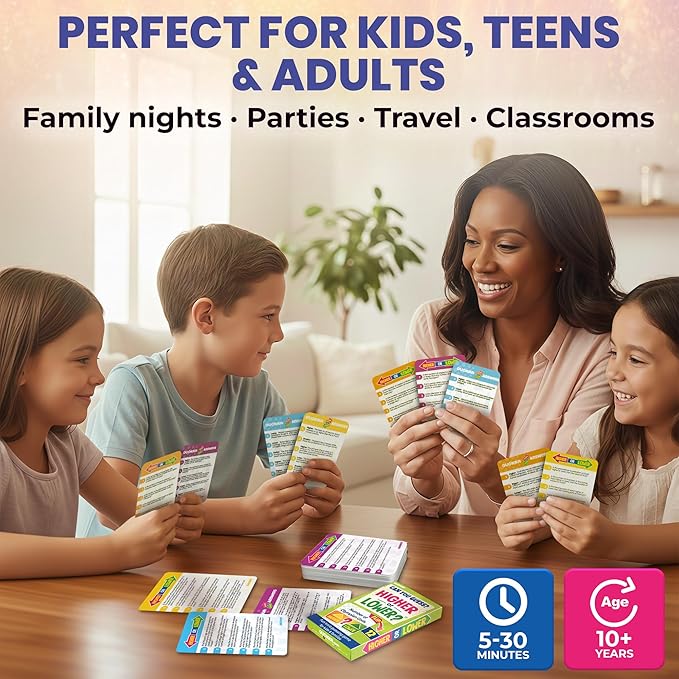 QUOKKA Trivia Board Games for Kids and Adults – 4xSET Family Board Games for Game Night – Higher or Lower Trivia Cards for Kids 8-12 - Challenge History, Science, Geography & More for Families & Teens
