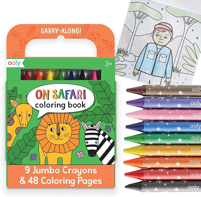 Ooly Travel Art Kit with 9 Jumbo Crayons & 48 Themed Coloring Pages & Case for Easy Traveling Art Creation, Perfect Airplane & Road Trip Activities for Kids - Safari