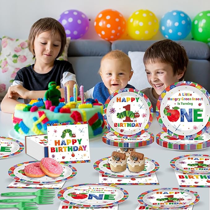 96Pcs Caterpillar 1st Birthday Party Plates and Napkins Green Caterpillar Theme Decor Very Hungry Paper Disposable Dessert Cake Plates Cartoon Insect Tableware Set for Kids Birthday 24 Guests