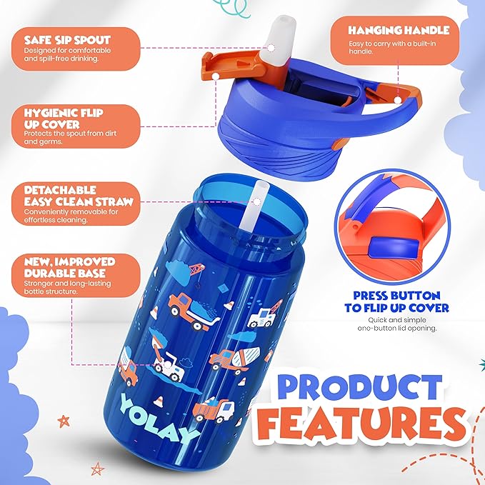 YOLAY 15oz Kids Water Bottle For School Boys and Girls, Durable Toddler Water Bottle with Straw Lid Leak-Proof, Spill Proof, Easy Clean and Dishwasher Safe with Re-Usable and BPA Free - Trucks