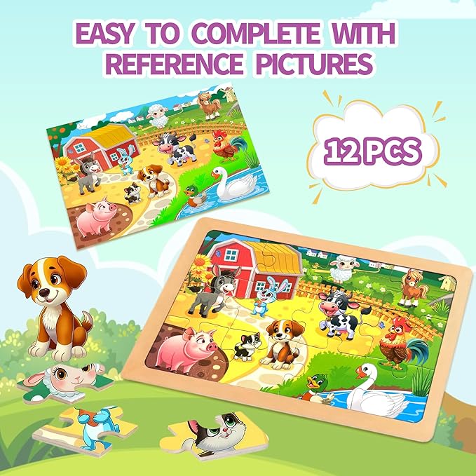 Wooden Puzzles for Toddler Ages 3+, 12 Piece Vehicle Farm Space Ocean Jigsaw Puzzles for Kids 4 Packs, Preschool Toddlers Learning Activity Puzzles Toys for Boys Girls 3 4 5 6 Years Old