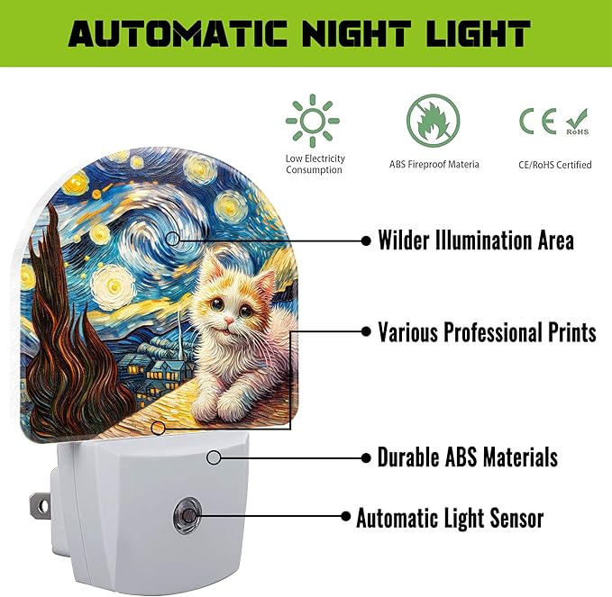 Starry Night and Cute Cat Night Light for Kids, Abstract Oil Painting Plug in Night Light with Dusk to Dawn Sensor, 0.5w Energy Saving Nightlight for Hallway Stairway Kitchen Bedroom