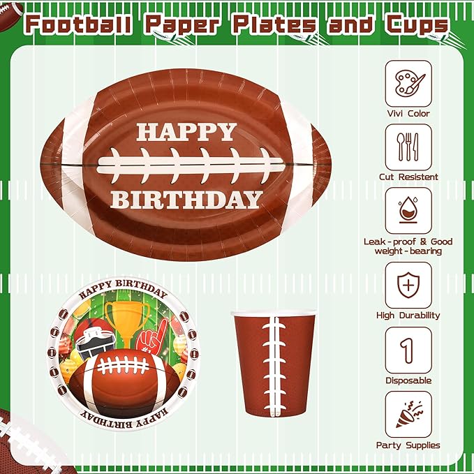Football Birthday Party Decoration,177PCS Football Disposable Tableware Party Supplies,Set of 24 Football Paper Plates Napkins Cups Forks Straws,Banner Touchdown Tablecloth for Gameday Tailgate Decor