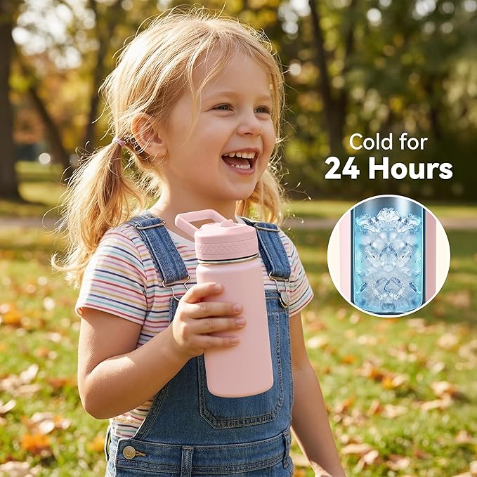 Fijinhom 12 oz Toddler Bottle, 2 Pack Kids Water Bottle for School Boys & Girls with Straws Lids, 304 Stainless Steel Vacuum Insulated Thermos, BPA-Free, Aurora + Sunrise