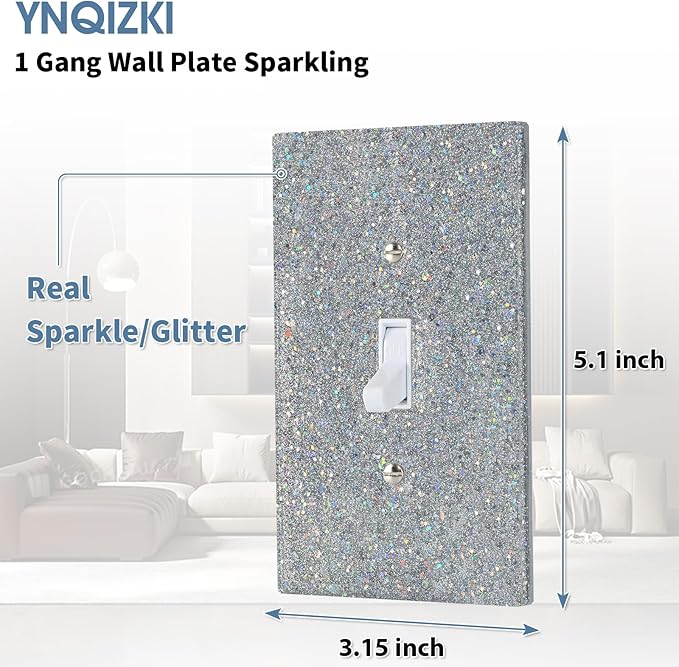 Deep Silver Glitter Light Switch Cover - Sparkling Wall Plate 5.1"x3.15", Unique Gift for Her, Housewarming, Birthday, Home Decor,Single Toggle