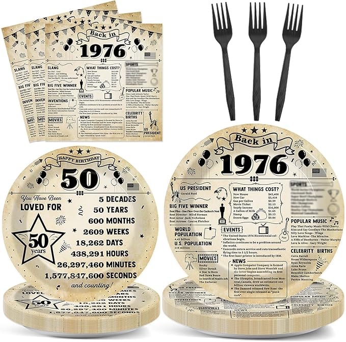 96Pcs 50th Birthday Party Plates and Napkins 50th Birthday Party Decorations Back in 1976 Dessert Plates Vintage 50 Years Old Themed Tableware Set Vintage 1976 Disposable Plates for Men Women Serve 24
