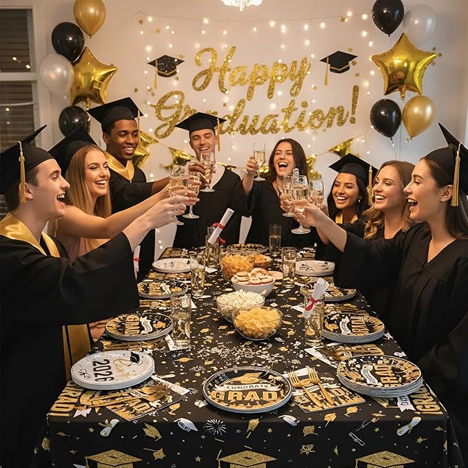 Graduation Plates and Napkins 2026,97PcsBlack Disposable Grad Plates Class of 2026 Dessert Plates Napkins,Tablecloth,Forks,Graduation Decorations for Congrats Grad Party,Serve 24