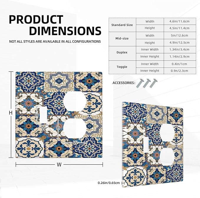 Wallplates Mandala Decorative Tile Talavera Moroccan Tiles 1 Toggle 1 Duplex Switch Plate Electrical GFCI Faceplate Decorative Light Switch Covers for Bedroom living Room Decor