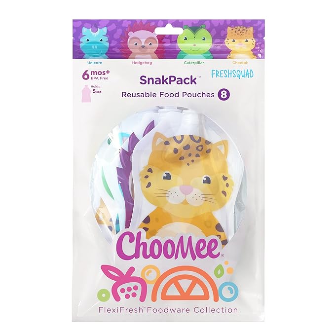 ChooMee Reusable Baby Food Pouches | BPA Free | Refillable Toddler Squeeze Pouches for Homemade Purees, Applesauce & Yogurt | Double Zipper, Easy Fill & Wide Bottom | 8CT, 5oz SnakPack FreshSquad