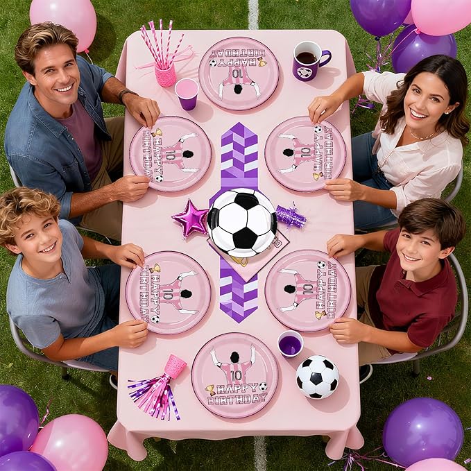 96Pcs Pink Soccer Birthday Party Supplies Pink Soccer Star Plates and Napkins Football Champion Themed Tableware Set for Sports Fans Football Theme Birthday Party Supplies，Serves 24