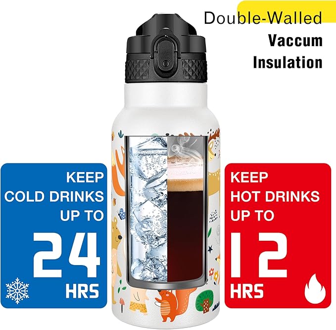 Han's Bottle Kids Water Bottle with Straw Lid - Insulated Stainless Steel Reusable Tumbler for Girls,Boys,Thermo Mug,17oz,Forest Animals