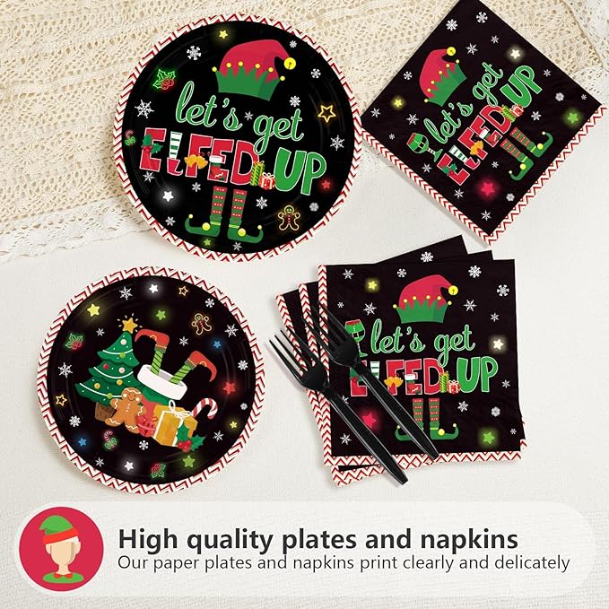 Greencian 96Pcs Winter Let's Get Elfed Up Party Decorations Santa Elf Paper Plates and Napkins Merry Christmas Disposable Tableware for Xmas Elf Party Decorations Supplies Serve 24