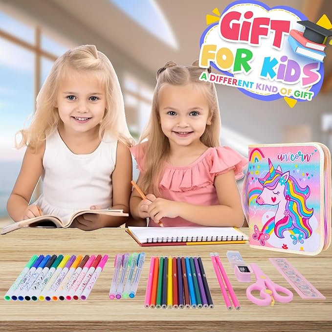 Washable Markers Set with Glitter Pencil Case, Art Supplies for Kids Ages 4-6-8, Arts Crafts Travel Coloring Kit for Girls 4 5 6 7 8 Year Old Birthday Gifts