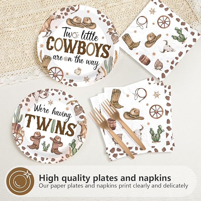 96Pcs Cowboys Twins Baby Shower Party Decorations Two Little Cowboys are On The Way Plates and Napkins Disposable Brown Wild West Tableware Set for Twins Boys Baby Shower Party Supplies Serves 24