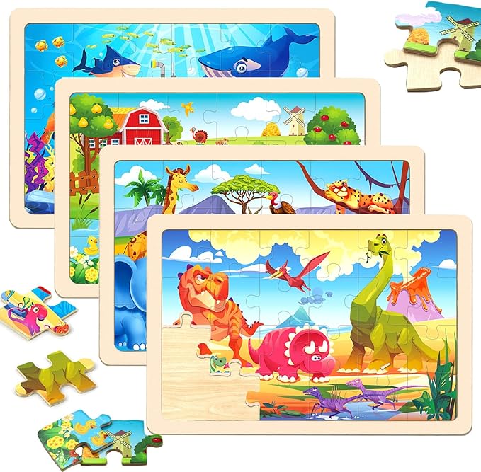 Wooden Puzzles for Kids Ages 4-6, 24 Pieces Dinosaur, Undersea, Wildlife, Farm Jigsaw Puzzles for Kids Ages 3-5. 4 Pack Toddler Puzzles Toys for Boys and Girls Ages 3,4,5,6 Year Old