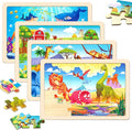 Wooden Puzzles for Kids Ages 4-6, 24 Pieces Dinosaur, Undersea, Wildlife, Farm Jigsaw Puzzles for Kids Ages 3-5. 4 Pack Toddler Puzzles Toys for Boys and Girls Ages 3,4,5,6 Year Old