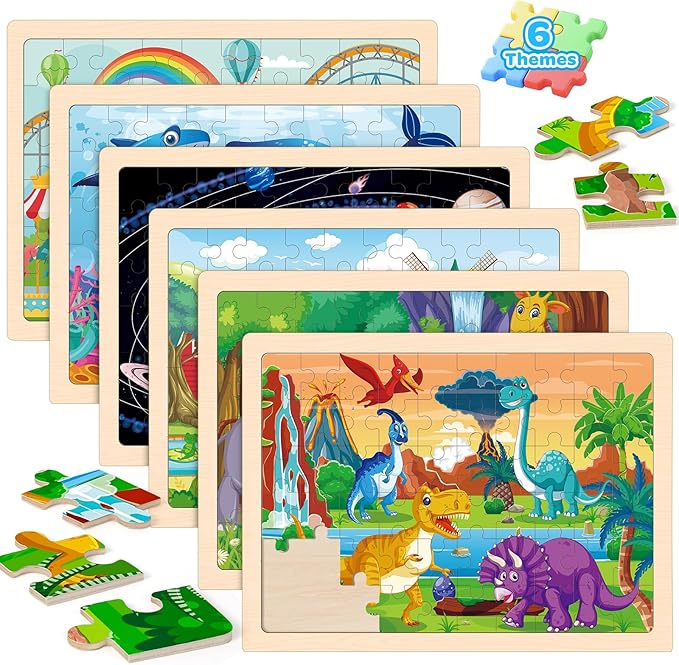 6 Packs Wooden Puzzles for Kids Ages 4-6, 60 Piece Wood Dinosaur Animals Jigsaw Puzzles for Toddlers Ages 3-5, Preschool Educational Learning Toys Gifts for 2 3 4 5 6 7 8 Boys Girls