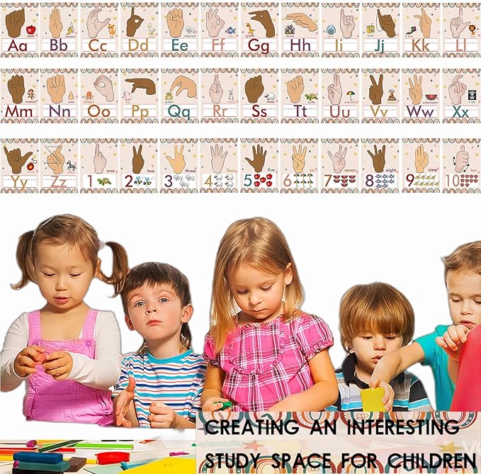 YIYDONG 36 Pieces ASL Alphabet Line Bulletin Board Set ABC Number Sign Language Flash Cards Wall Decorations for Pre-School Kindergarten Elementary Classroom Nursery Homeschool (Boho Rainbow)