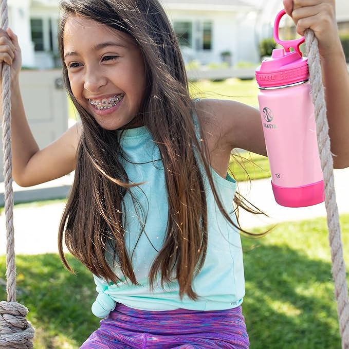 Takeya Actives Kids Water Bottle 18 oz Stainless Steel Double Wall Insulation BPA-Free Leakproof Straw Lid Easy Carry Handle Reusable Ideal for Boys and Girls, School, Sports - Summer Glow Pink