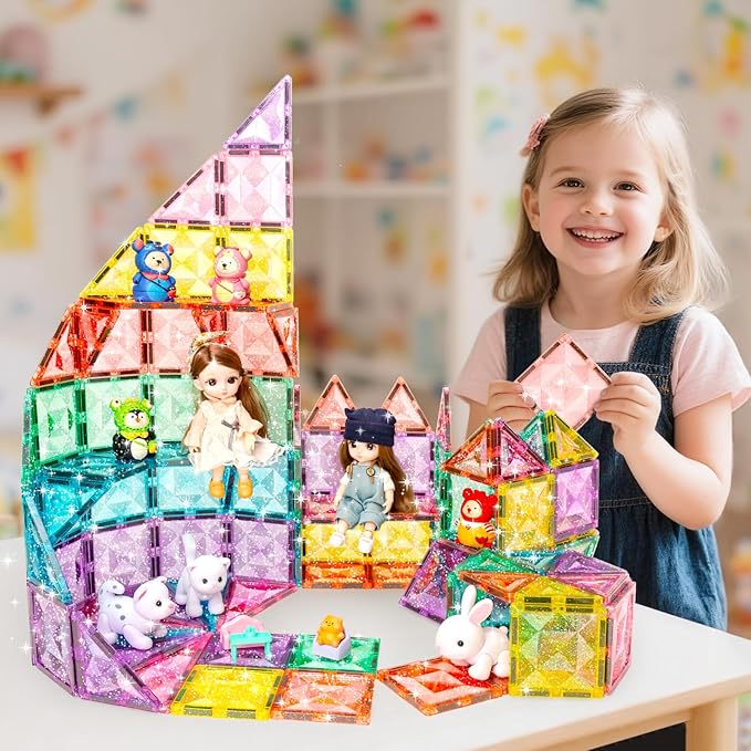 WMXDU Large Pastel Magnetic Tiles - 48 Pcs Macaron-Colored Glitter Magnetic Blocks with Travel Metal Storage Box - Diamond STEM Toys for Girls Ages 3-8 - Portable Sensory Building Set for Kids