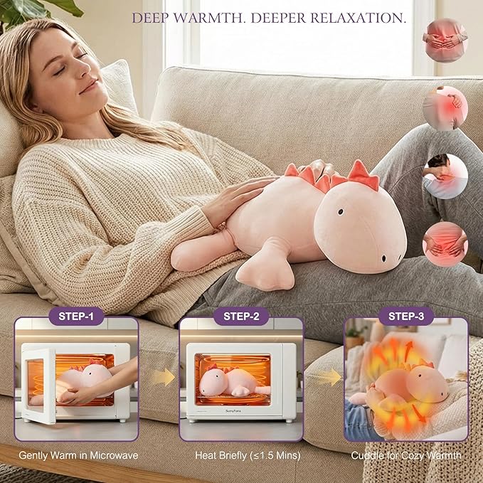 OSOCU® Microwavable Heating Pad Pink Stegosaurus Plush - 1.4 Lb Weighted Stuffed Animal Toy with Tourmaline Beads & Lavender - 16" Squished Long Dinosaur Pillow - Lumbar Back Cushion Lasting Warmth