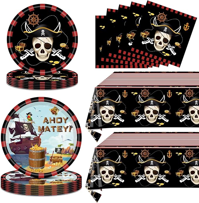 62Pcs Pirate Birthday Party Supplies Decorations, Pirate Treasure Theme Dinnerwares Includes 20pcs 9''Plates and 20pcs 7''Napkins with 2pcs Tablecloth for 20 Guests, Disposable Party Dessert Tableware