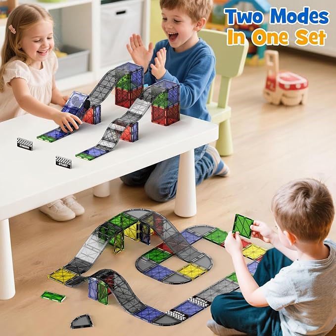 WMXDU 2-in-1 Dynamic Magnetic Downhill & Race Track Set - 40PCS Expandable Magnetic Tiles with Car for Creative STEM Play The Ultimate Travel Toy & Gift for Kids Ages 3-8 (40pcs-Race Set)