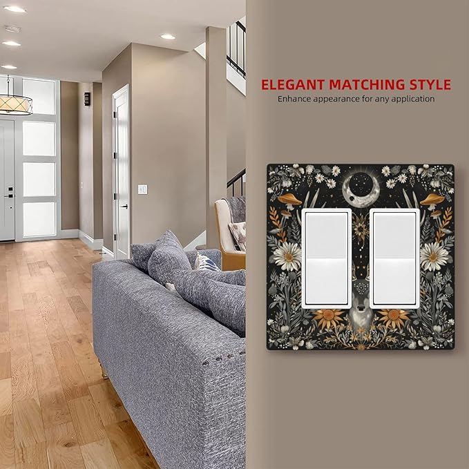 Light Switch Cover Plate Vintage Deer Flowers Moon Natural Plants Floral 2 Gang Double Rocker Outlet Covers Decorative Switch plates Electrical Wall Plates GFCI Receptacle for Bathroom Bedroom