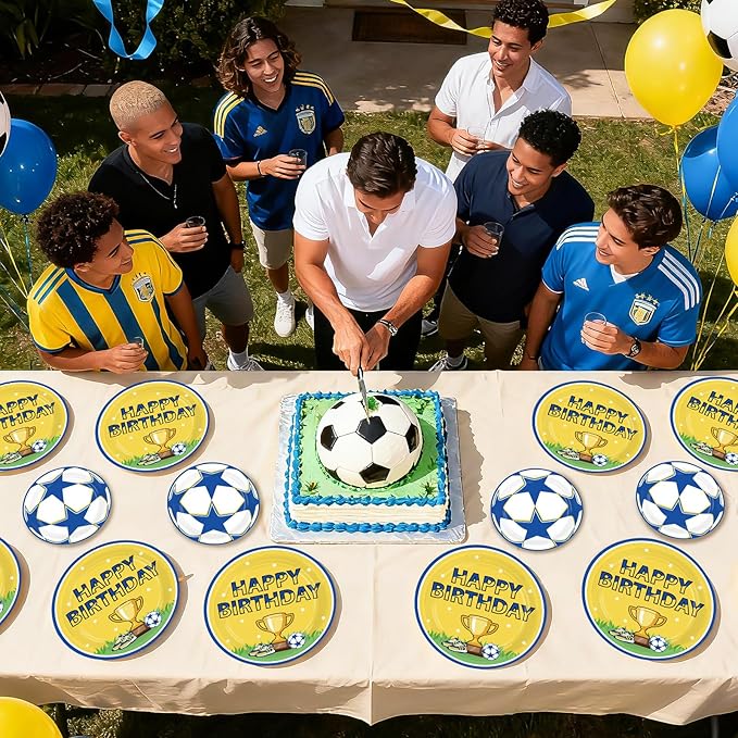 96Pcs Soccer Birthday Party Supplies Blue Yellow Football Plates and Napkins Blue Gold Soccer Star Champion Tableware Set for Football Fan Birthday Baby Shower Sport Party Supplies Serves 24