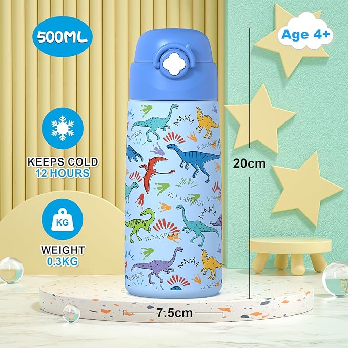 Boys Insulated Water Bottle with Covered Pop-Up Straw,16 oz Kids Cups with Stainless Steel Leak Proof for School（Blue-Dinosaur）
