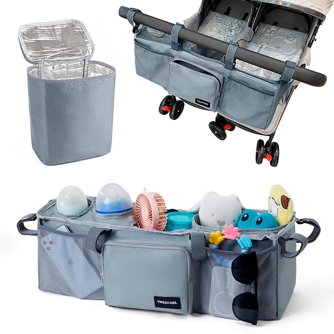 Double Stroller Organizer Universal with 2 Insulated Cup Holders & Cooler Bag, Large Storage Parent Console for Bob Duallie, Baby Jogger City Mini GT2