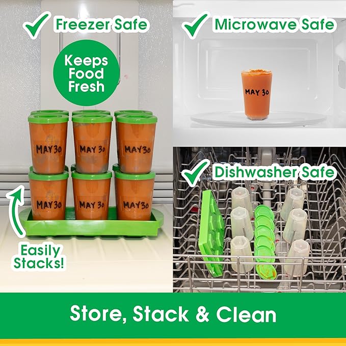 Baby Food Storage Containers with Write What You Want Lids, 6 Pack - 4oz Reusable, Stackable, Leakproof Plastic Jars w Tray- Freezer, Microwave & Dishwasher Safe-BPA/PVC Free, Safe Babyfood, Gift
