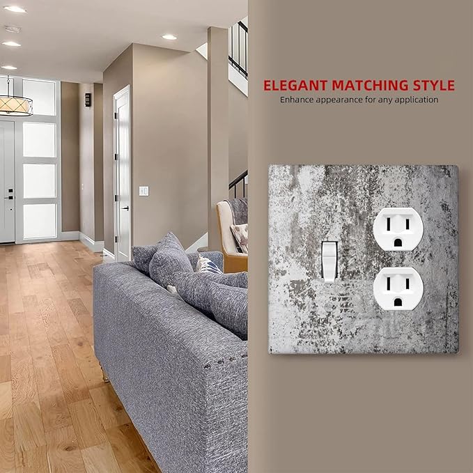 Light Switch Cover Plate Gray White Speckled Weathered Concrete Wall 2 Gang Outlet Covers 1 Toggle 1 Duplex Socket Cover Wallplates Electrical Switch Plate Covers for Bedroom Home Decor