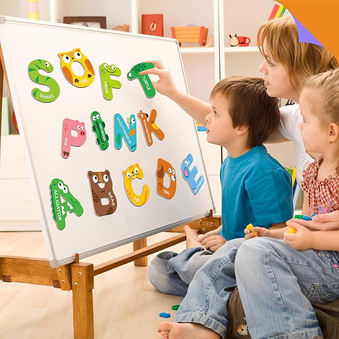 26 Magnetic Wooden Letters, Cute Animal Alphabet ABC Wood Magnets for Fridge Colorful Uppercase Animals Toys Set Educational Spelling Learning Games for Kids, Toddlers 3 4 5 Years Old