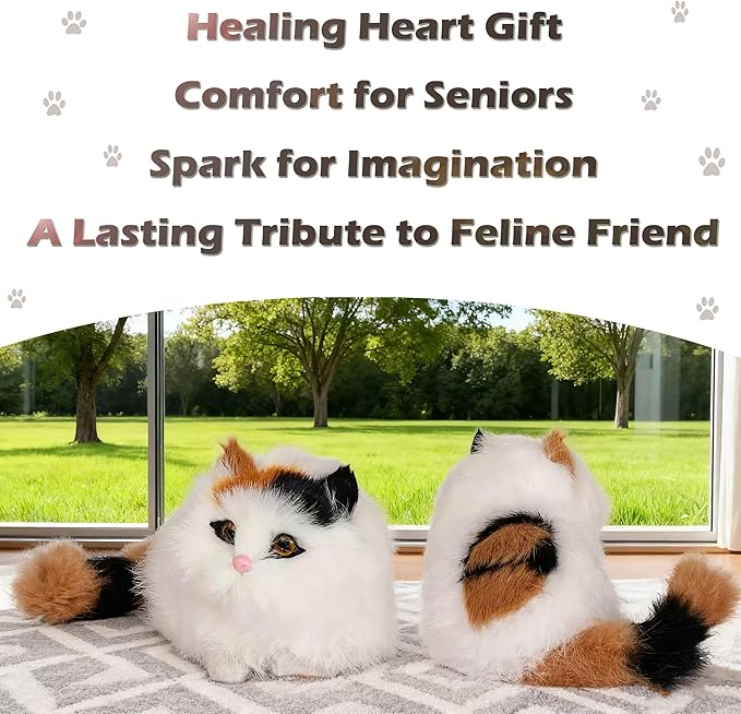 Realistic Baby Calico Cat Figurine - Lifelike Furry Kitten Statue, Plush Kitty Stuffed Animal Toy, Home Office Car Decor, Collectible Gift, Photo Prop