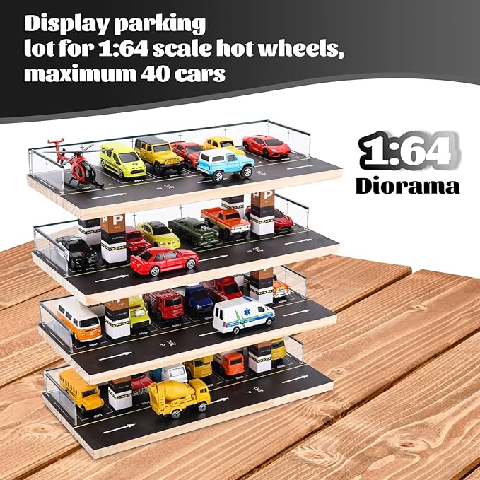 Saichotoy Display Case for Hot Wheels & Matchbox, 1/64 Scale Diecast Toy Car Storage, Parking Garage Diorama - Freestanding Storage with 4 Levels 24 Spots Maximum 40 Cars
