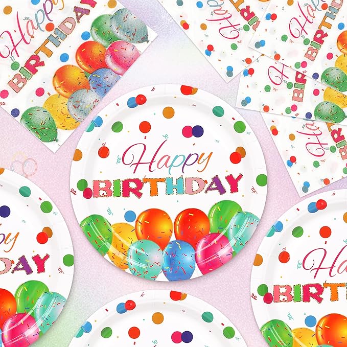 50 Pcs Happy Birthday Plates and Napkins, 9inch Colorful Dots Birthday Cake Dessert Plates, Disposable Paper Dinnerware Set for Birthdays Party Supplies Birthday Balloon, 25 Guests