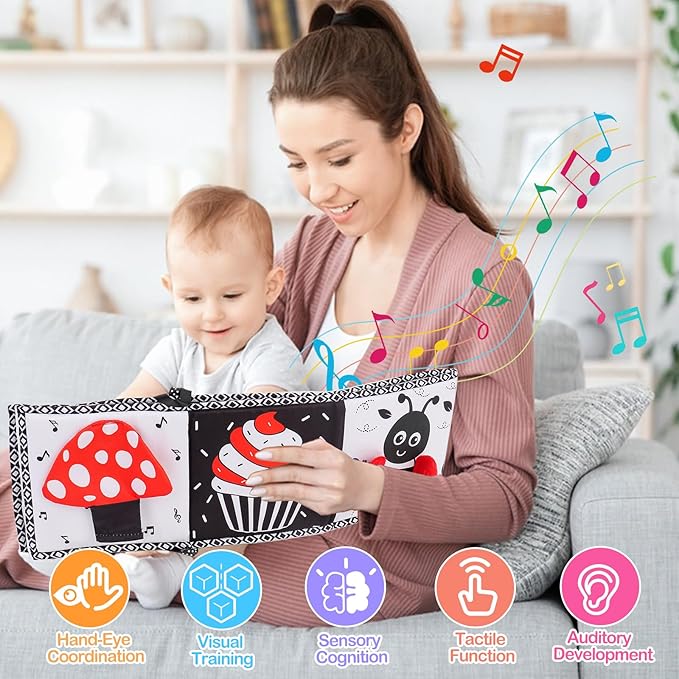 Black and White High Contrast Toys for Baby 0-3 3-6 months Infant Tummy Time Soft Book Sensory Musical Toy 0-2-4-6 month Babies Brain Development Crinkle Book Mirror Newborn Easter Basket Stuffer