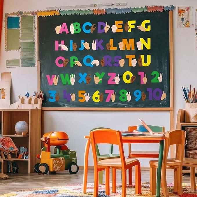 Resurhang 37 Pcs ASL Alphabet Number Card Colorful Learning ABC Number 0-10 American Sign Language Flash Cards Alphabet Poster Bulletin Board Wall Decor for Kindergarten Classroom(Bright Color)