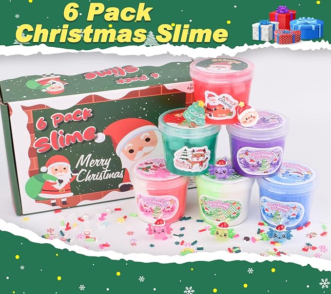 Christmas Slime Kit for Kids - 6 Pack Axolotl Slime with Butter, Cloud & Crunchy Jelly Cube Textures. Soft & Non-Sticky, Birthday Gifts, Xmas Stocking Stuffers & Party Favors for Girls and Boys